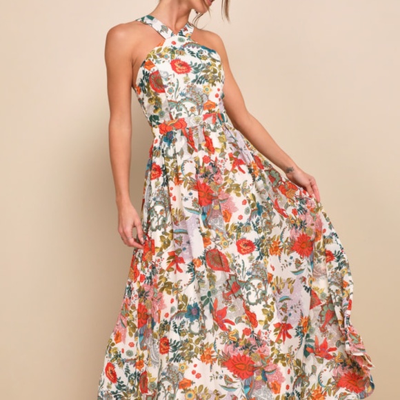 Lulus Lilja Cream Floral Print Maxi Dress Beige - Size XS - Picture 1 of 1